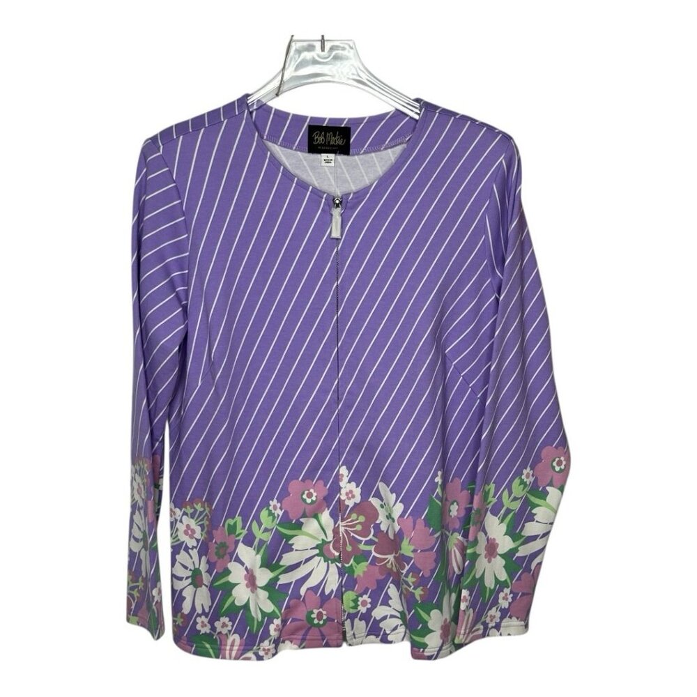 NWT Bob Mackie Diagonal Stripe Multi-Floral Knit Jacket/Sweater Size Large